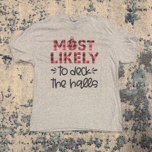 Gray Graphic T-Shirt with Red Plaid Text